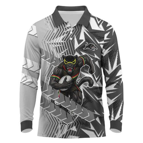 Penrith Panthers Rugby Long Sleeve Polo Shirt Fierce Mascot Geometric Tribal Art