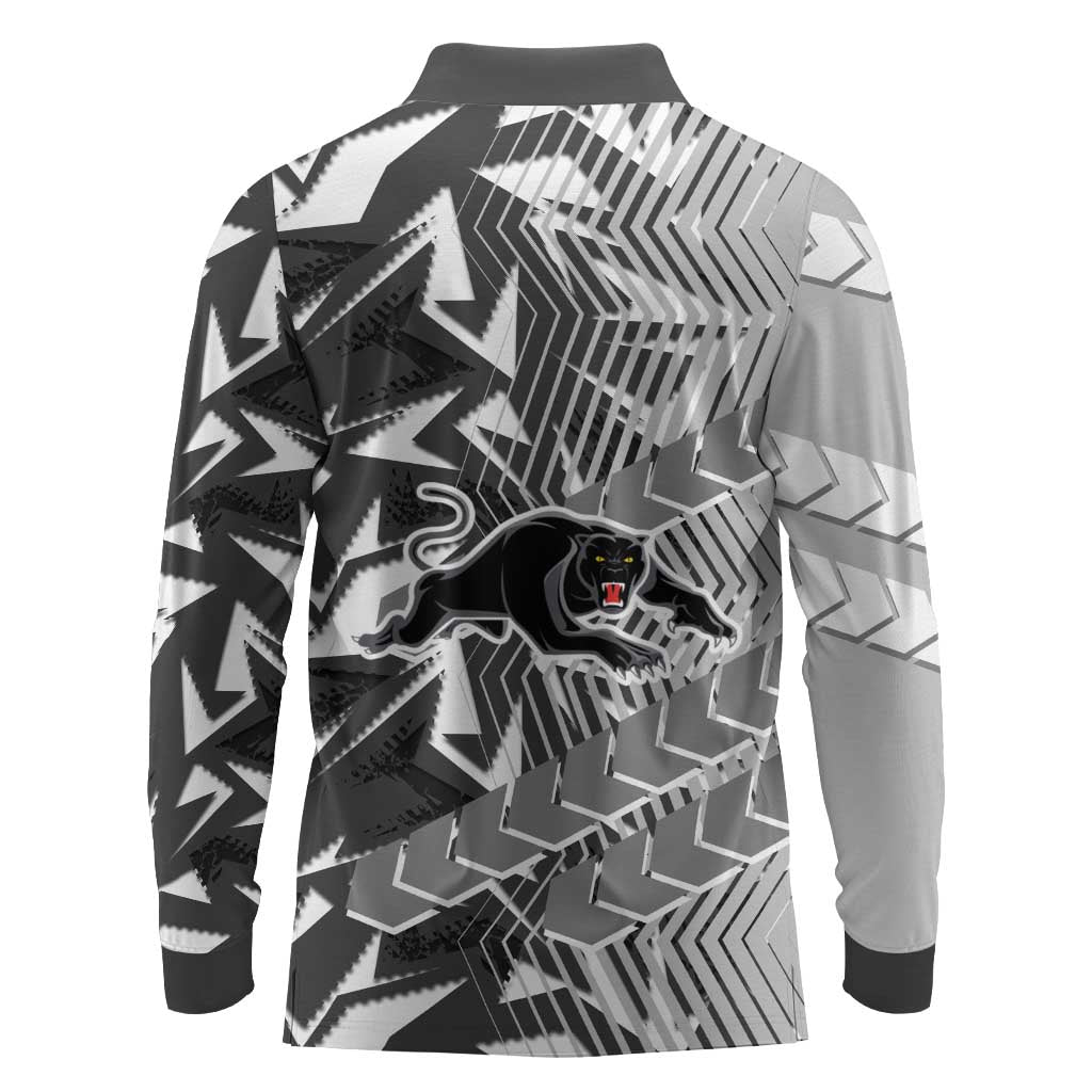 Penrith Panthers Rugby Long Sleeve Polo Shirt Fierce Mascot Geometric Tribal Art