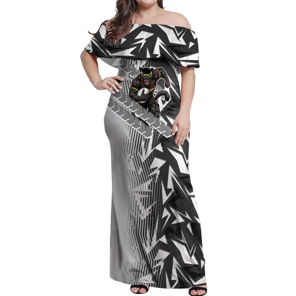 Penrith Panthers Rugby Off Shoulder Maxi Dress Fierce Mascot Geometric Tribal Art