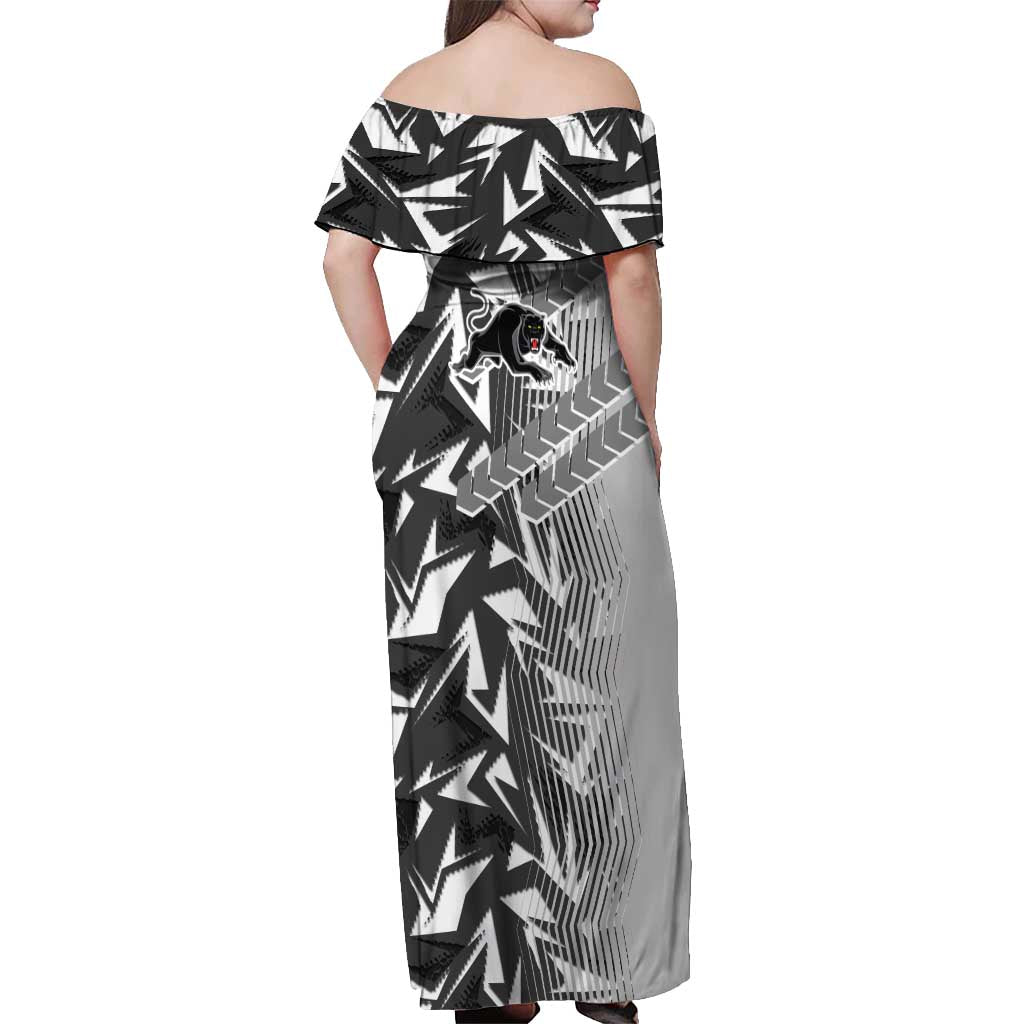 Penrith Panthers Rugby Off Shoulder Maxi Dress Fierce Mascot Geometric Tribal Art