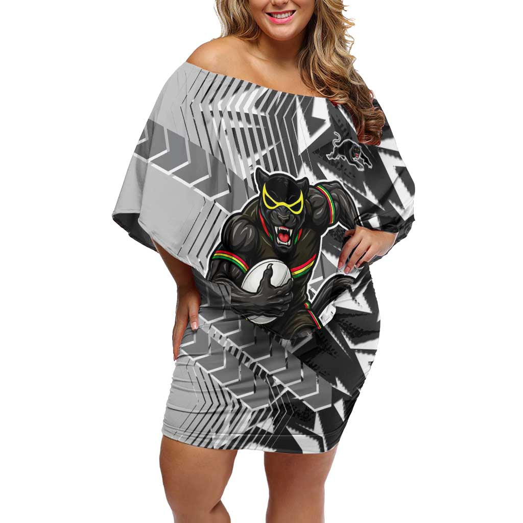 Penrith Panthers Rugby Off Shoulder Short Dress Fierce Mascot Geometric Tribal Art