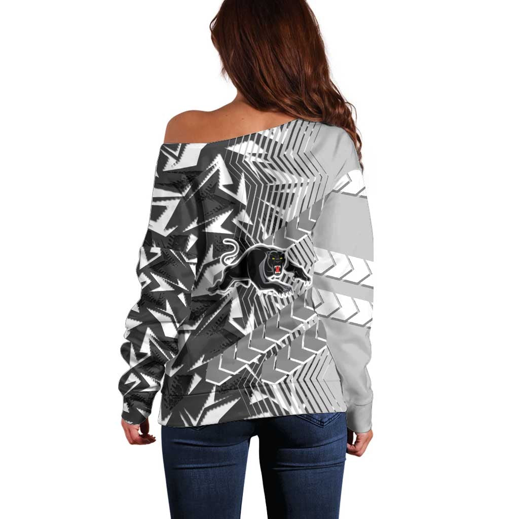 Penrith Panthers Rugby Off Shoulder Sweater Fierce Mascot Geometric Tribal Art
