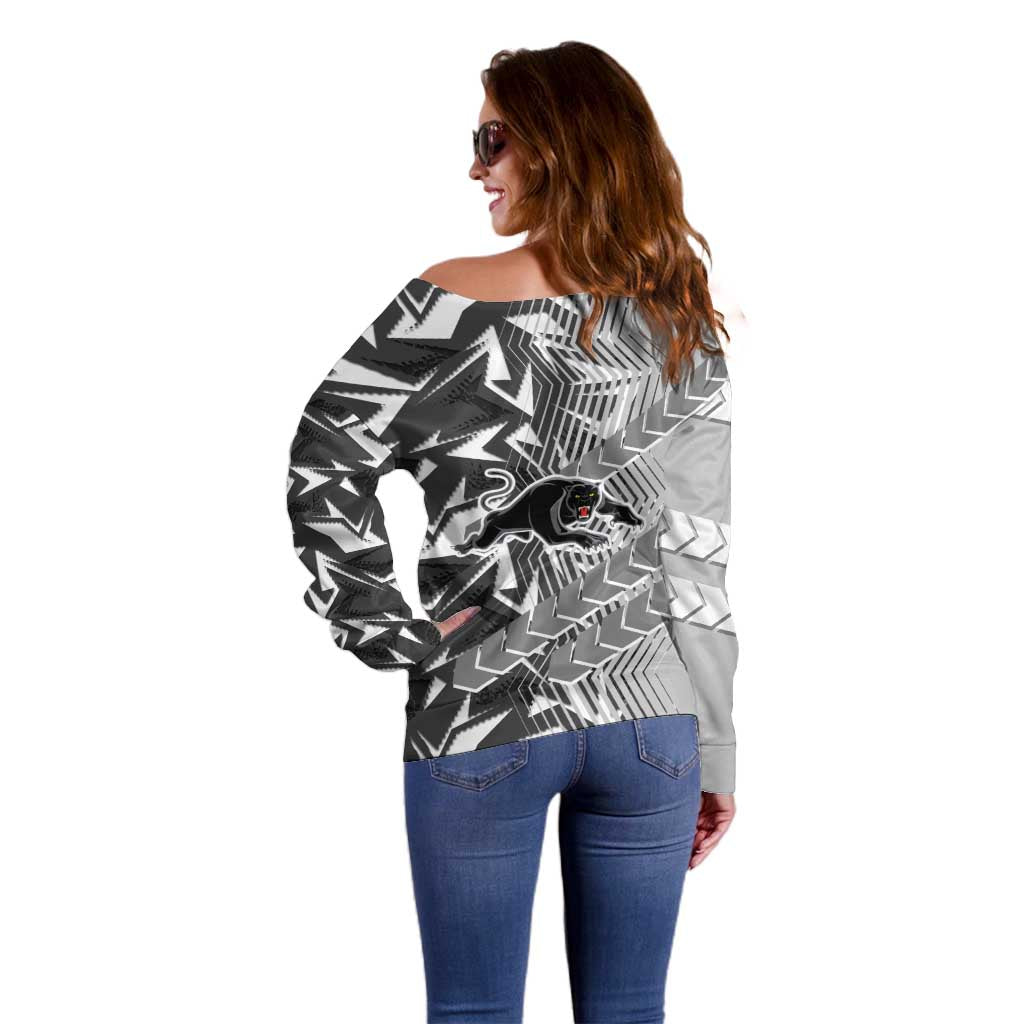 Penrith Panthers Rugby Off Shoulder Sweater Fierce Mascot Geometric Tribal Art