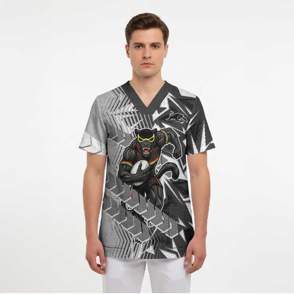 Penrith Panthers Rugby Scrub Top Fierce Mascot Geometric Tribal Art