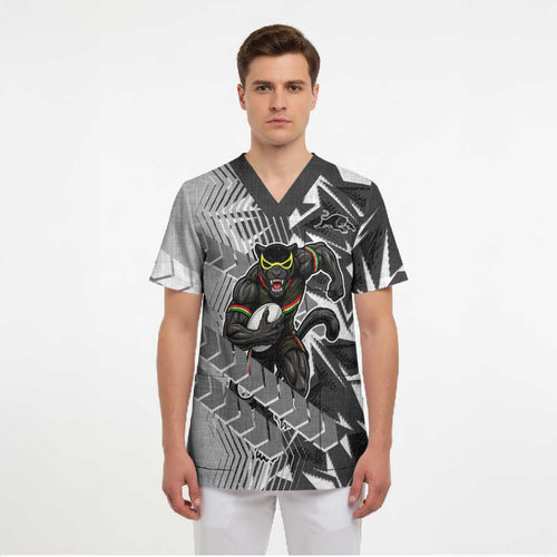 Penrith Panthers Rugby Scrub Top Fierce Mascot Geometric Tribal Art