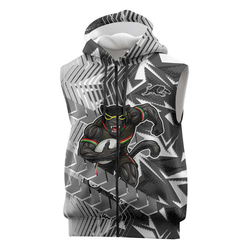Penrith Panthers Rugby Sleeveless Zip Hoodie Fierce Mascot Geometric Tribal Art