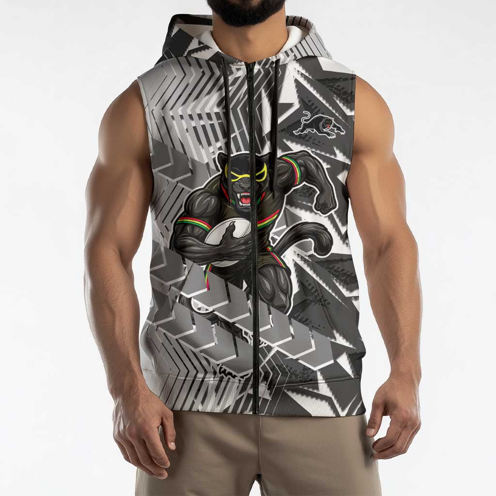 Penrith Panthers Rugby Sleeveless Zip Hoodie Fierce Mascot Geometric Tribal Art