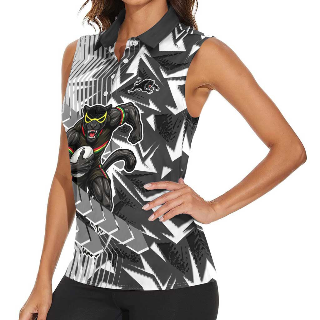 Penrith Panthers Rugby Women Sleeveless Polo Shirt Fierce Mascot Geometric Tribal Art
