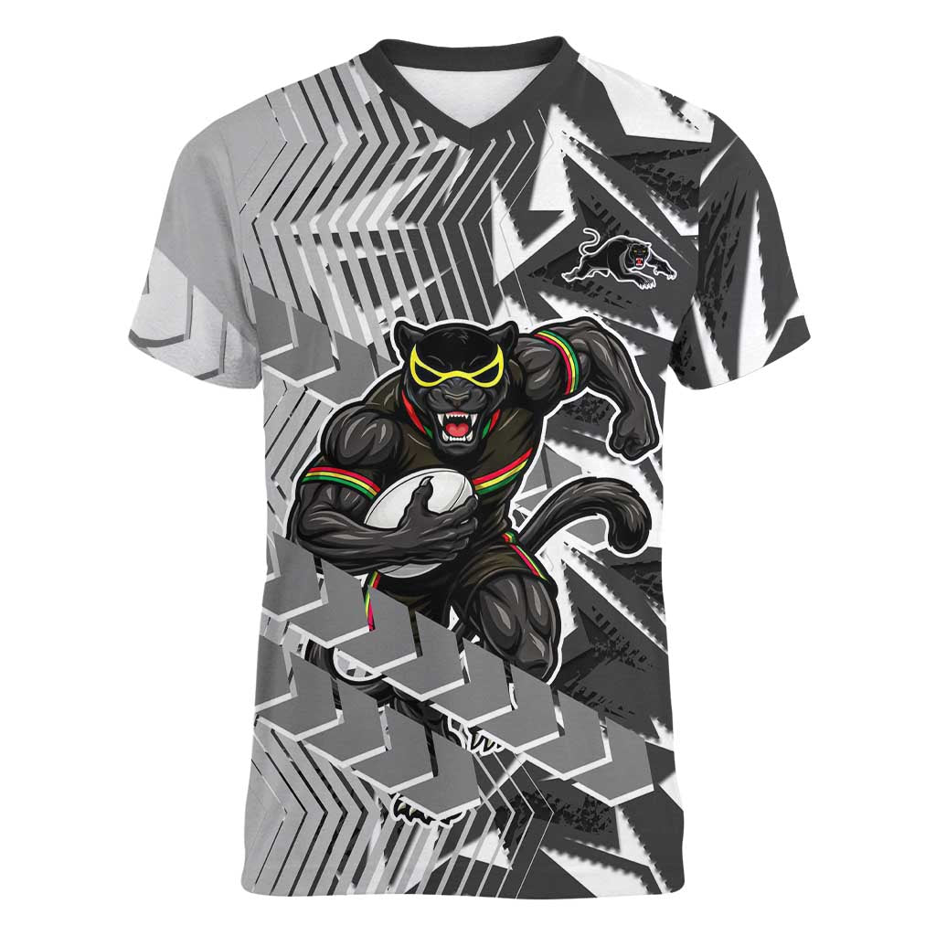 Penrith Panthers Rugby Women V-Neck T-Shirt Fierce Mascot Geometric Tribal Art