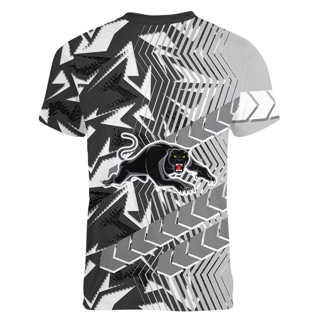 Penrith Panthers Rugby Women V-Neck T-Shirt Fierce Mascot Geometric Tribal Art