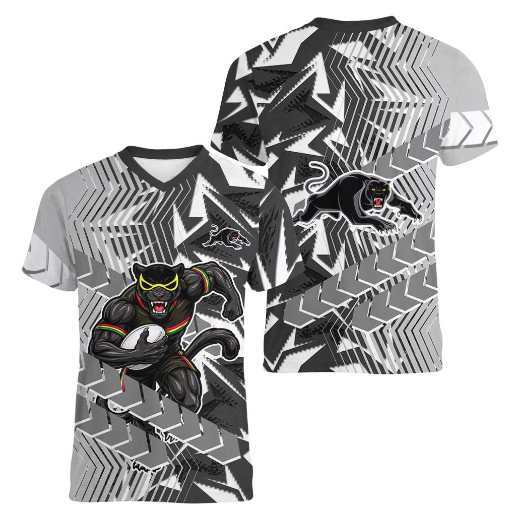 Penrith Panthers Rugby Women V-Neck T-Shirt Fierce Mascot Geometric Tribal Art