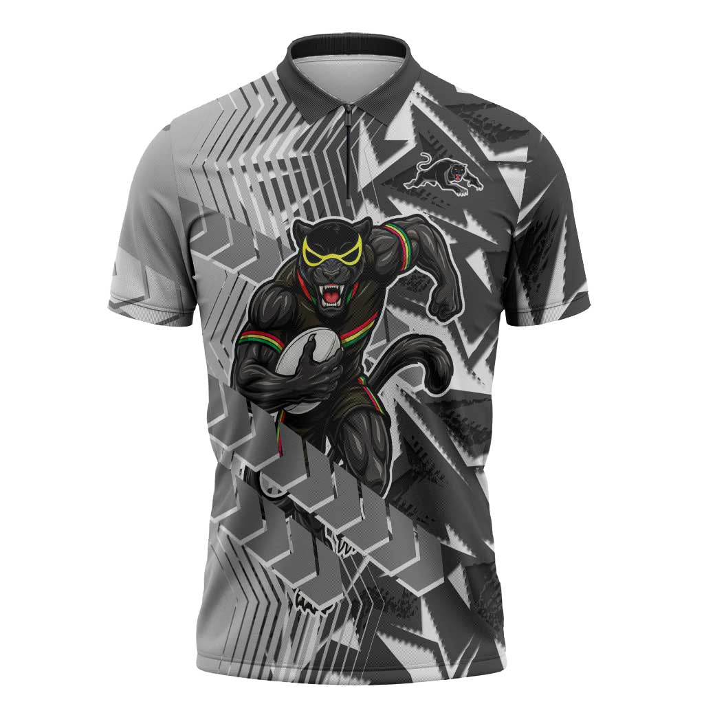 Penrith Panthers Rugby Zipper Polo Shirt Fierce Mascot Geometric Tribal Art