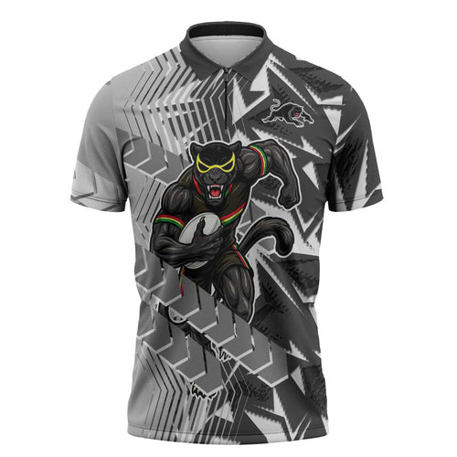 Penrith Panthers Rugby Zipper Polo Shirt Fierce Mascot Geometric Tribal Art
