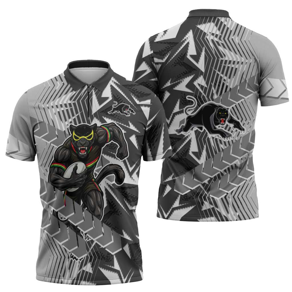 Penrith Panthers Rugby Zipper Polo Shirt Fierce Mascot Geometric Tribal Art