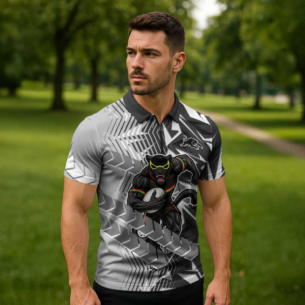 Penrith Panthers Rugby Zipper Polo Shirt Fierce Mascot Geometric Tribal Art
