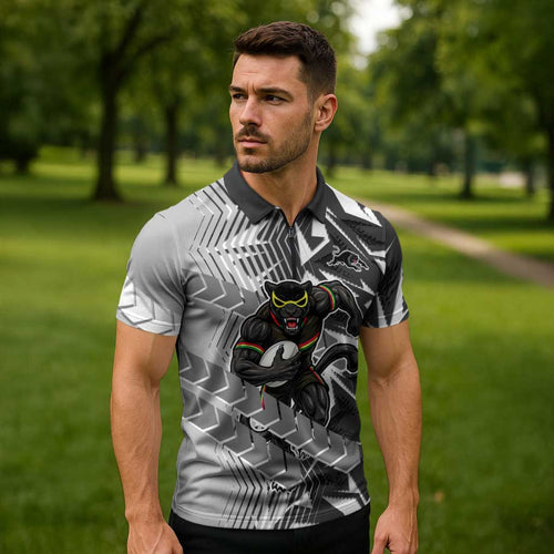 Penrith Panthers Rugby Zipper Polo Shirt Fierce Mascot Geometric Tribal Art