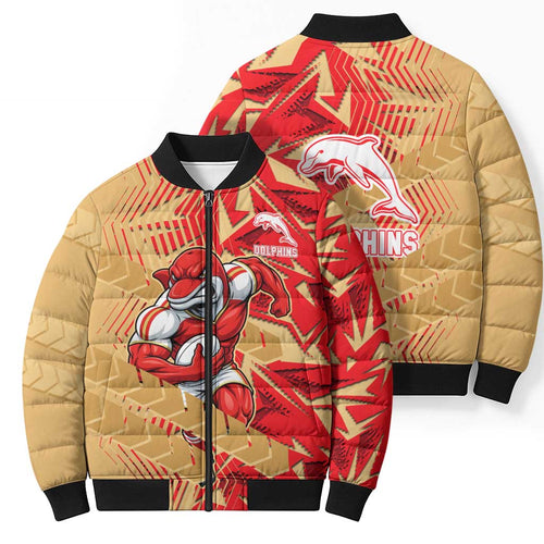 Dolphins Rugby Bomber Puffer Jacket Fierce Mascot Geometric Tribal Art