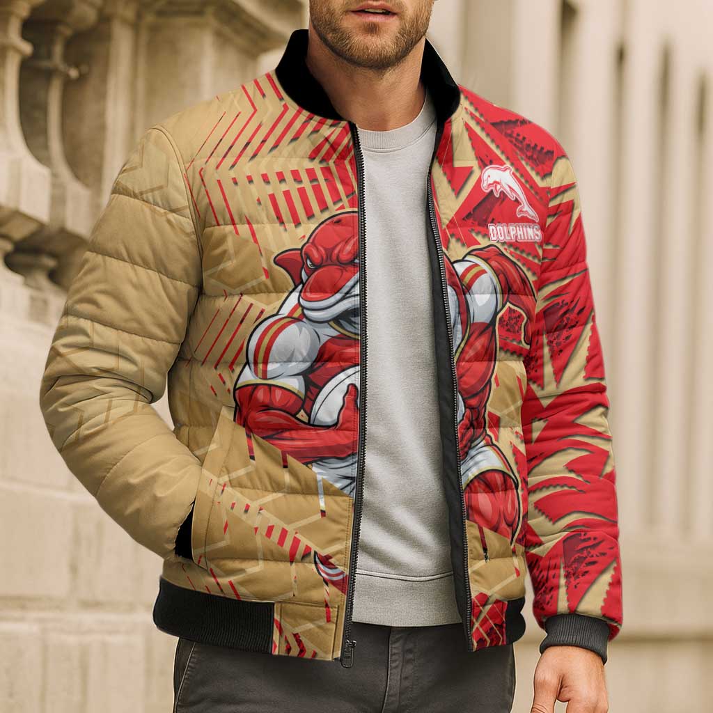 Dolphins Rugby Bomber Puffer Jacket Fierce Mascot Geometric Tribal Art