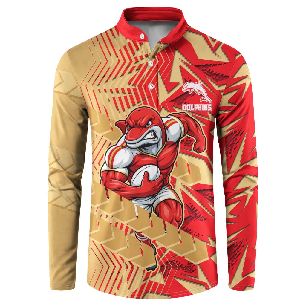 Dolphins Rugby Button Sweatshirt Fierce Mascot Geometric Tribal Art