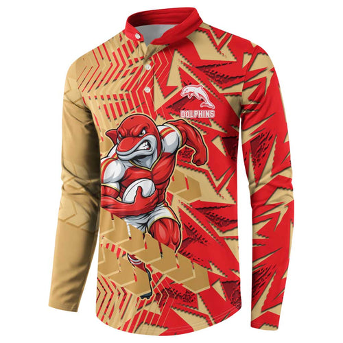 Dolphins Rugby Button Sweatshirt Fierce Mascot Geometric Tribal Art