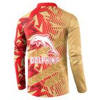 Dolphins Rugby Button Sweatshirt Fierce Mascot Geometric Tribal Art
