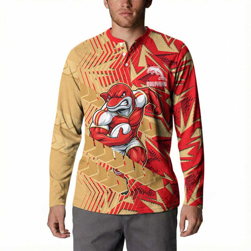 Dolphins Rugby Button Sweatshirt Fierce Mascot Geometric Tribal Art