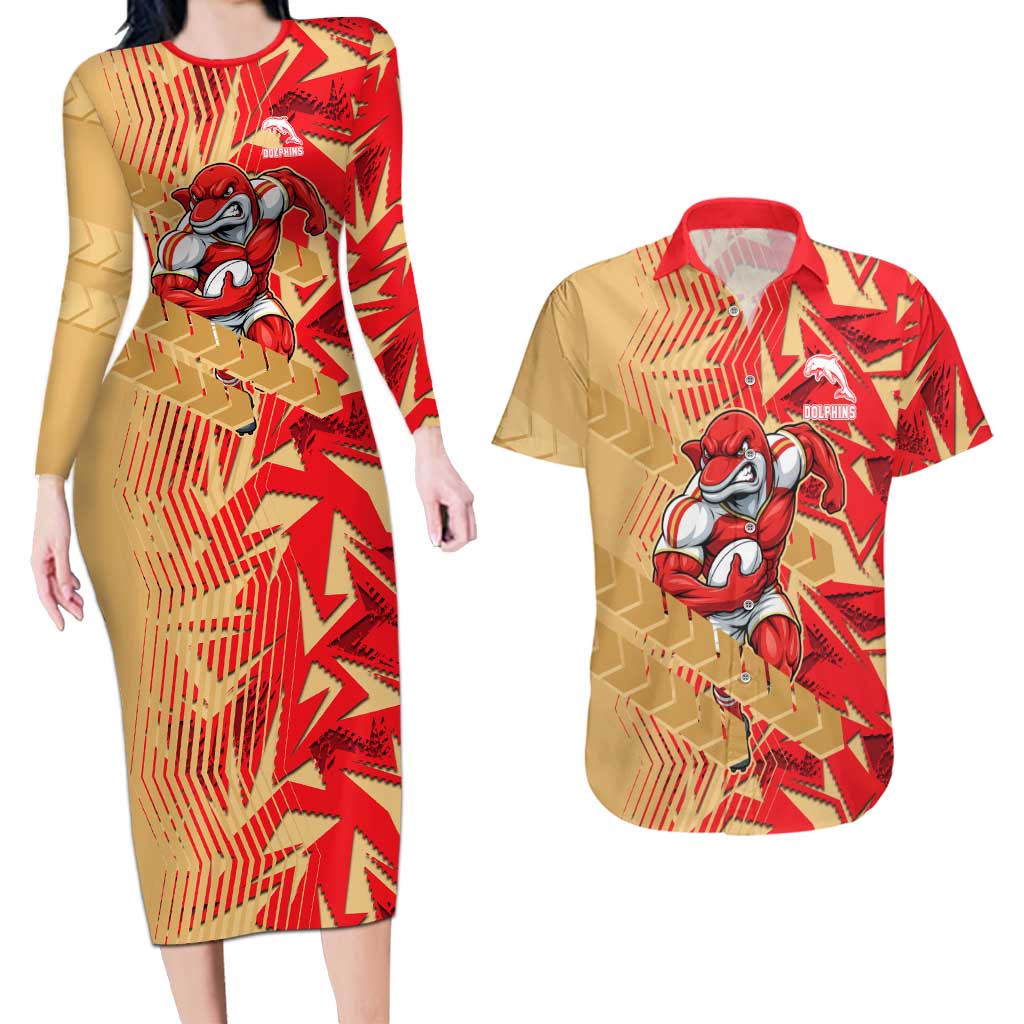 Dolphins Rugby Couples Matching Long Sleeve Bodycon Dress and Hawaiian Shirt Fierce Mascot Geometric Tribal Art