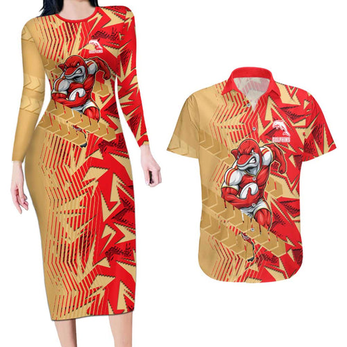 Dolphins Rugby Couples Matching Long Sleeve Bodycon Dress and Hawaiian Shirt Fierce Mascot Geometric Tribal Art