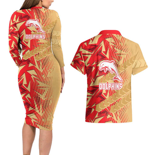 Dolphins Rugby Couples Matching Long Sleeve Bodycon Dress and Hawaiian Shirt Fierce Mascot Geometric Tribal Art