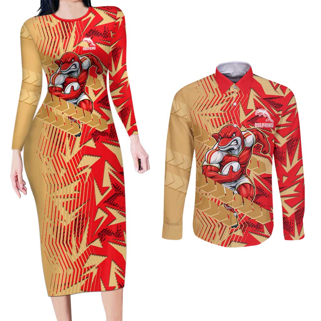 Dolphins Rugby Couples Matching Long Sleeve Bodycon Dress and Long Sleeve Button Shirt Fierce Mascot Geometric Tribal Art