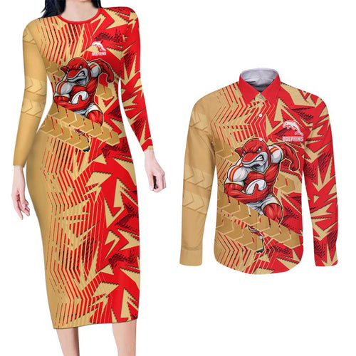 Dolphins Rugby Couples Matching Long Sleeve Bodycon Dress and Long Sleeve Button Shirt Fierce Mascot Geometric Tribal Art