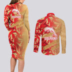 Dolphins Rugby Couples Matching Long Sleeve Bodycon Dress and Long Sleeve Button Shirt Fierce Mascot Geometric Tribal Art