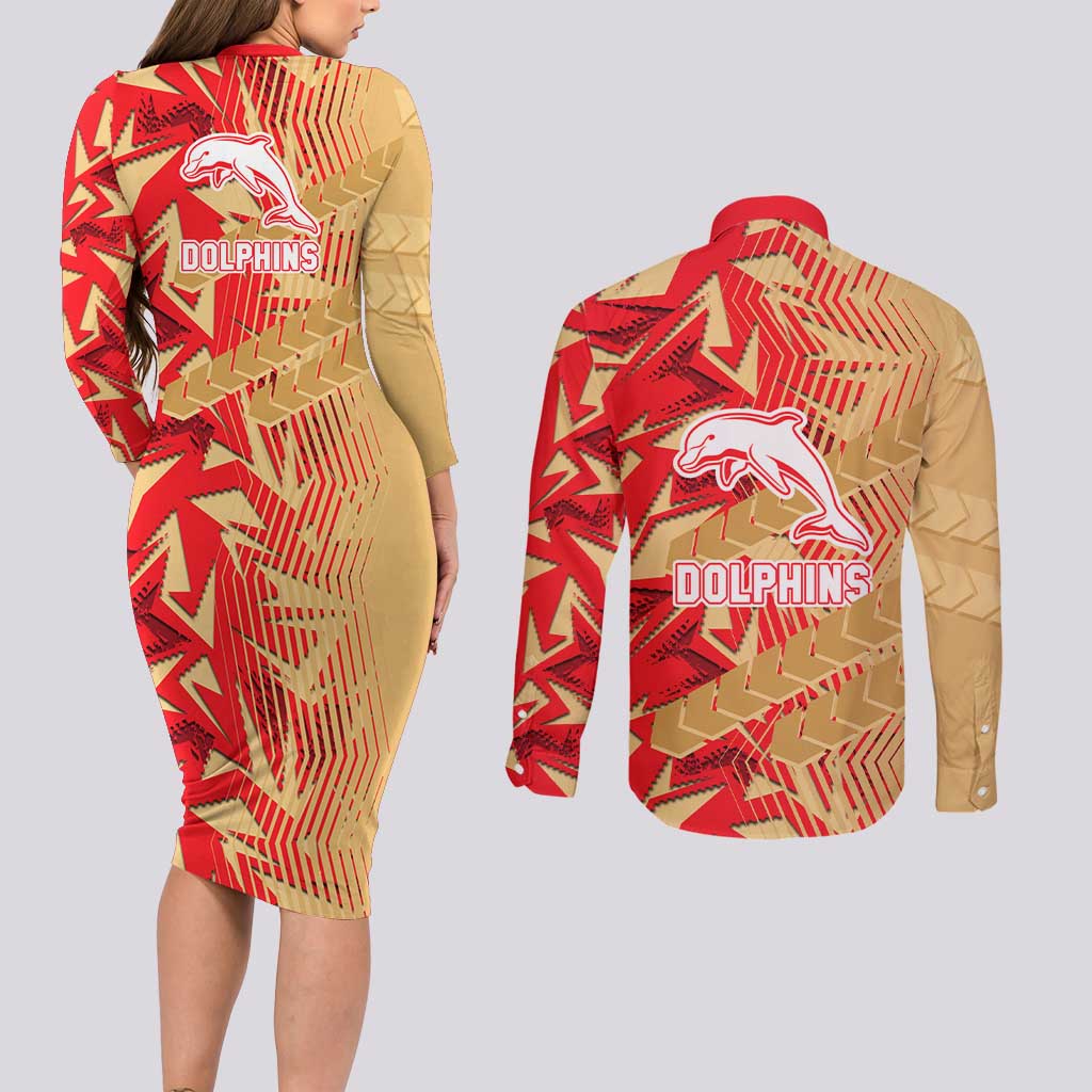 Dolphins Rugby Couples Matching Long Sleeve Bodycon Dress and Long Sleeve Button Shirt Fierce Mascot Geometric Tribal Art