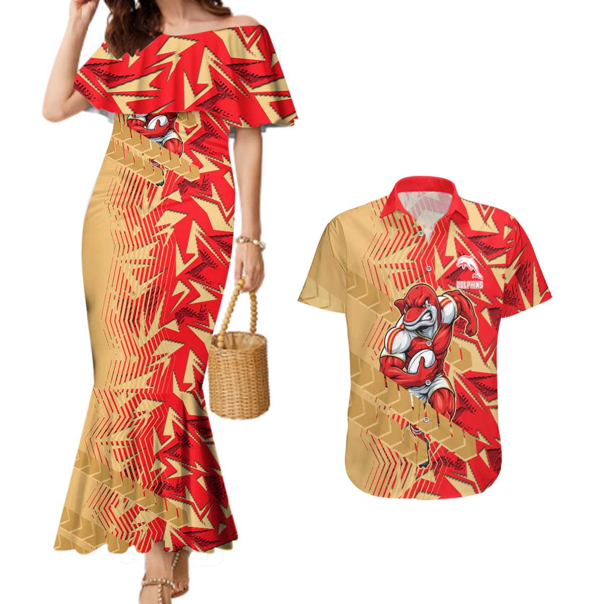 Dolphins Rugby Couples Matching Mermaid Dress and Hawaiian Shirt Fierce Mascot Geometric Tribal Art