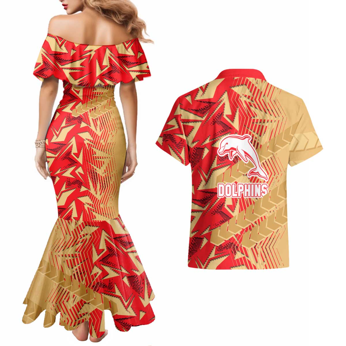 Dolphins Rugby Couples Matching Mermaid Dress and Hawaiian Shirt Fierce Mascot Geometric Tribal Art