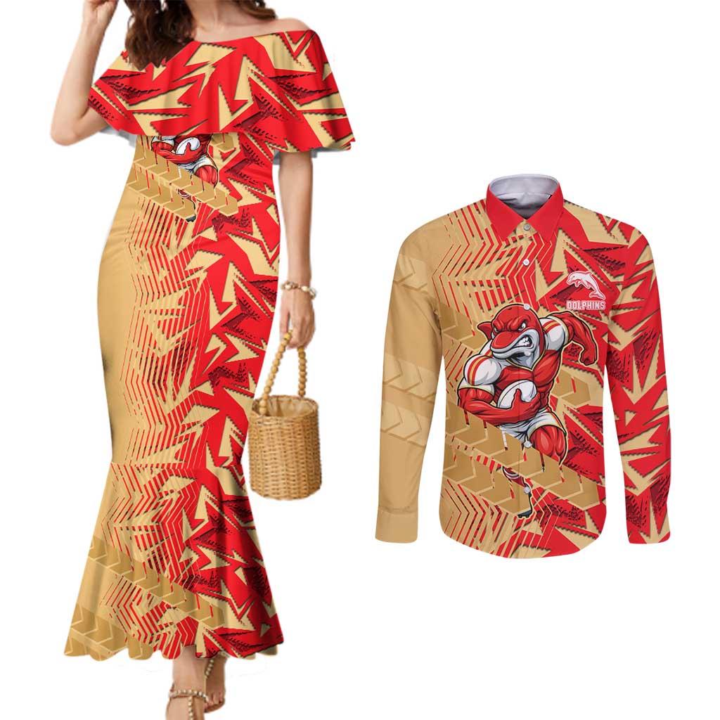 Dolphins Rugby Couples Matching Mermaid Dress and Long Sleeve Button Shirt Fierce Mascot Geometric Tribal Art