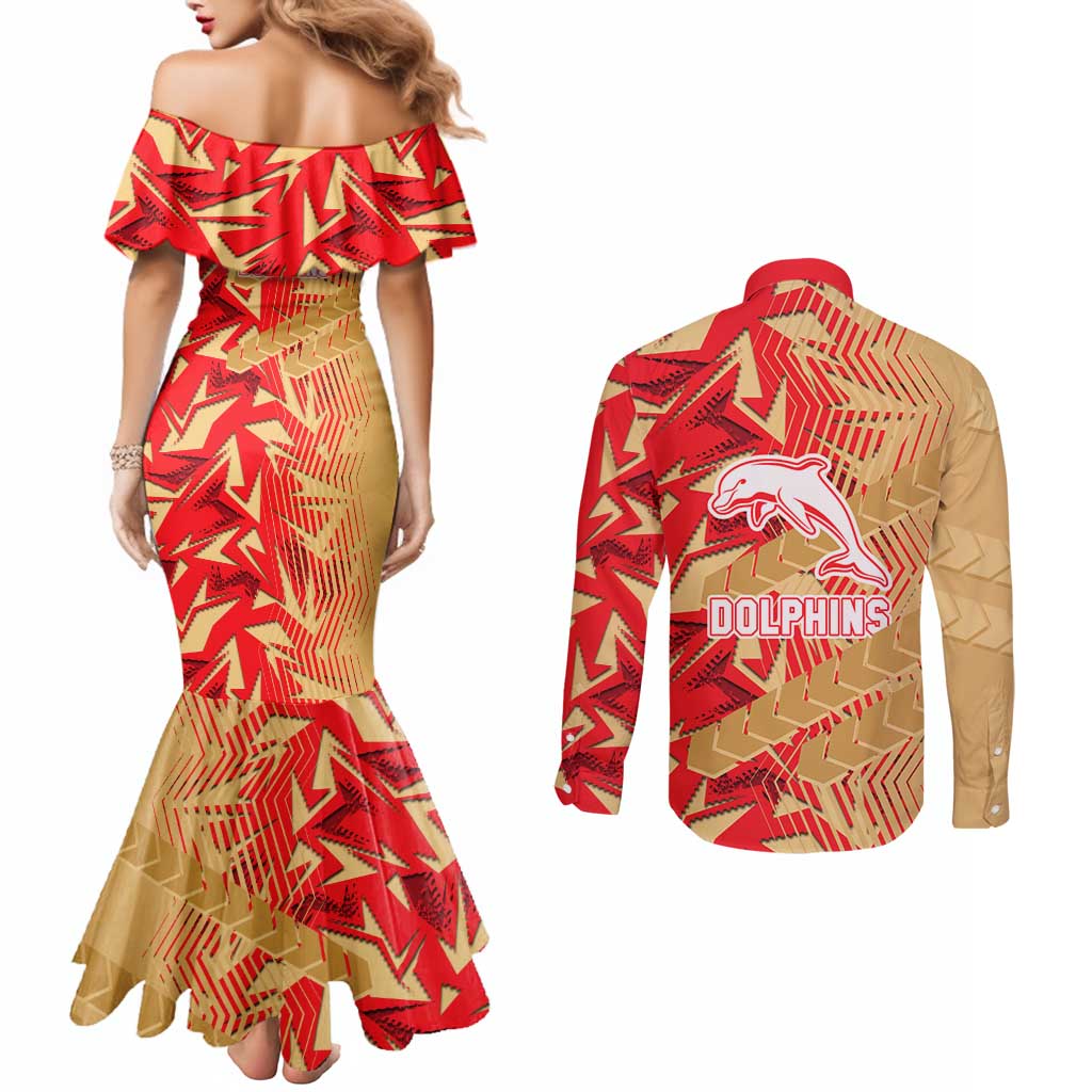 Dolphins Rugby Couples Matching Mermaid Dress and Long Sleeve Button Shirt Fierce Mascot Geometric Tribal Art