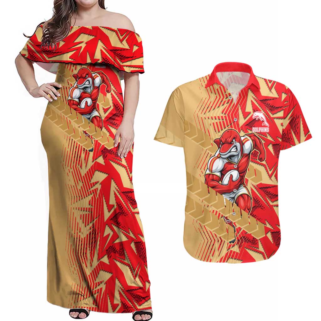 Dolphins Rugby Couples Matching Off Shoulder Maxi Dress and Hawaiian Shirt Fierce Mascot Geometric Tribal Art