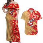 Dolphins Rugby Couples Matching Off Shoulder Maxi Dress and Hawaiian Shirt Fierce Mascot Geometric Tribal Art
