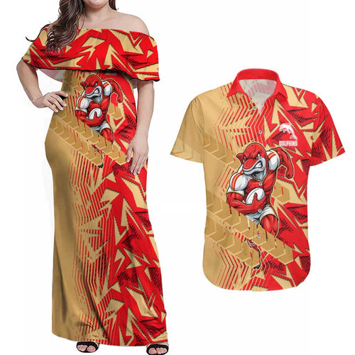Dolphins Rugby Couples Matching Off Shoulder Maxi Dress and Hawaiian Shirt Fierce Mascot Geometric Tribal Art