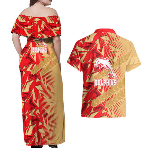 Dolphins Rugby Couples Matching Off Shoulder Maxi Dress and Hawaiian Shirt Fierce Mascot Geometric Tribal Art