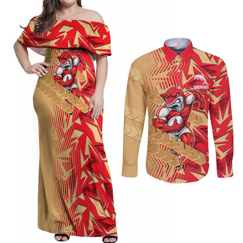 Dolphins Rugby Couples Matching Off Shoulder Maxi Dress and Long Sleeve Button Shirt Fierce Mascot Geometric Tribal Art