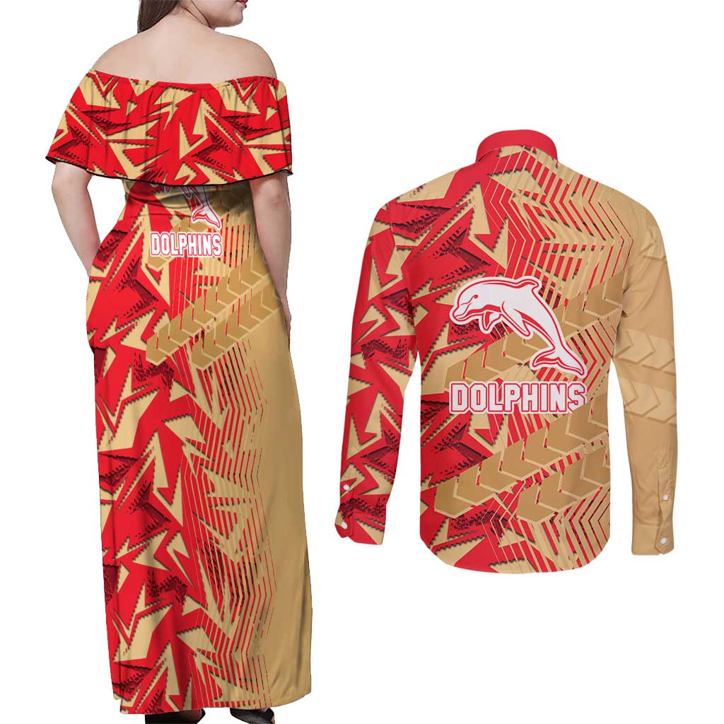 Dolphins Rugby Couples Matching Off Shoulder Maxi Dress and Long Sleeve Button Shirt Fierce Mascot Geometric Tribal Art