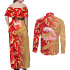 Dolphins Rugby Couples Matching Off Shoulder Maxi Dress and Long Sleeve Button Shirt Fierce Mascot Geometric Tribal Art
