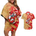 Dolphins Rugby Couples Matching Off Shoulder Short Dress and Hawaiian Shirt Fierce Mascot Geometric Tribal Art