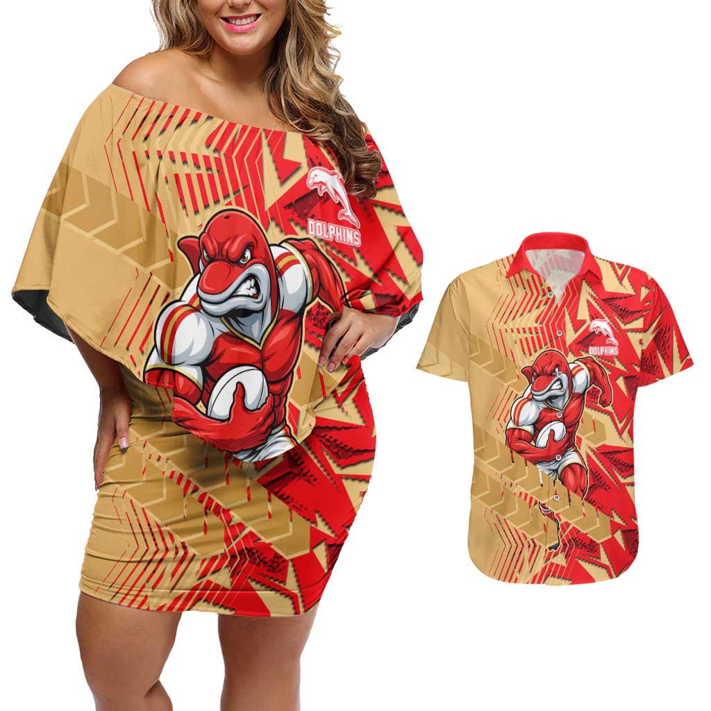 Dolphins Rugby Couples Matching Off Shoulder Short Dress and Hawaiian Shirt Fierce Mascot Geometric Tribal Art