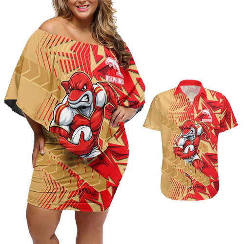 Dolphins Rugby Couples Matching Off Shoulder Short Dress and Hawaiian Shirt Fierce Mascot Geometric Tribal Art