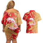 Dolphins Rugby Couples Matching Off Shoulder Short Dress and Hawaiian Shirt Fierce Mascot Geometric Tribal Art