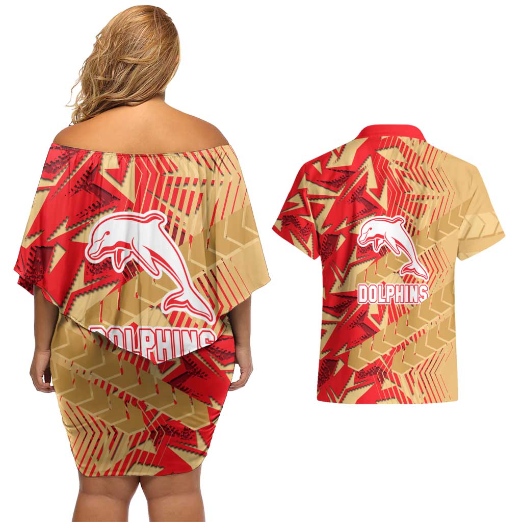 Dolphins Rugby Couples Matching Off Shoulder Short Dress and Hawaiian Shirt Fierce Mascot Geometric Tribal Art
