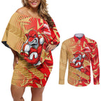 Dolphins Rugby Couples Matching Off Shoulder Short Dress and Long Sleeve Button Shirt Fierce Mascot Geometric Tribal Art